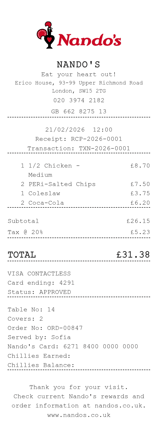 Nandos Receipt — example receipt