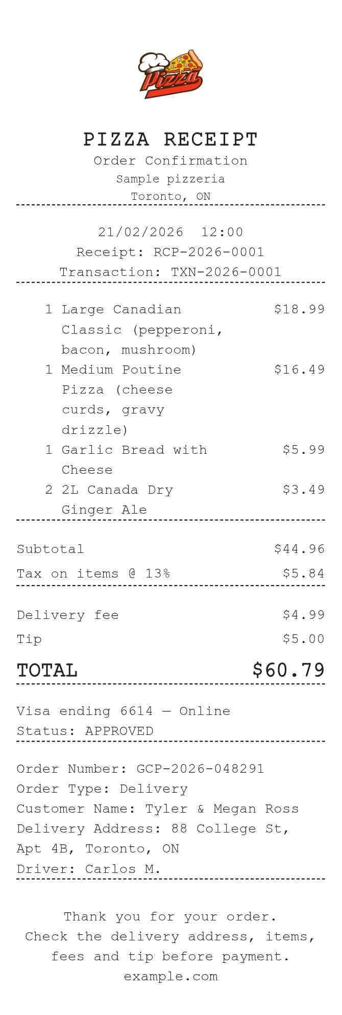 Pizza Receipt — example receipt