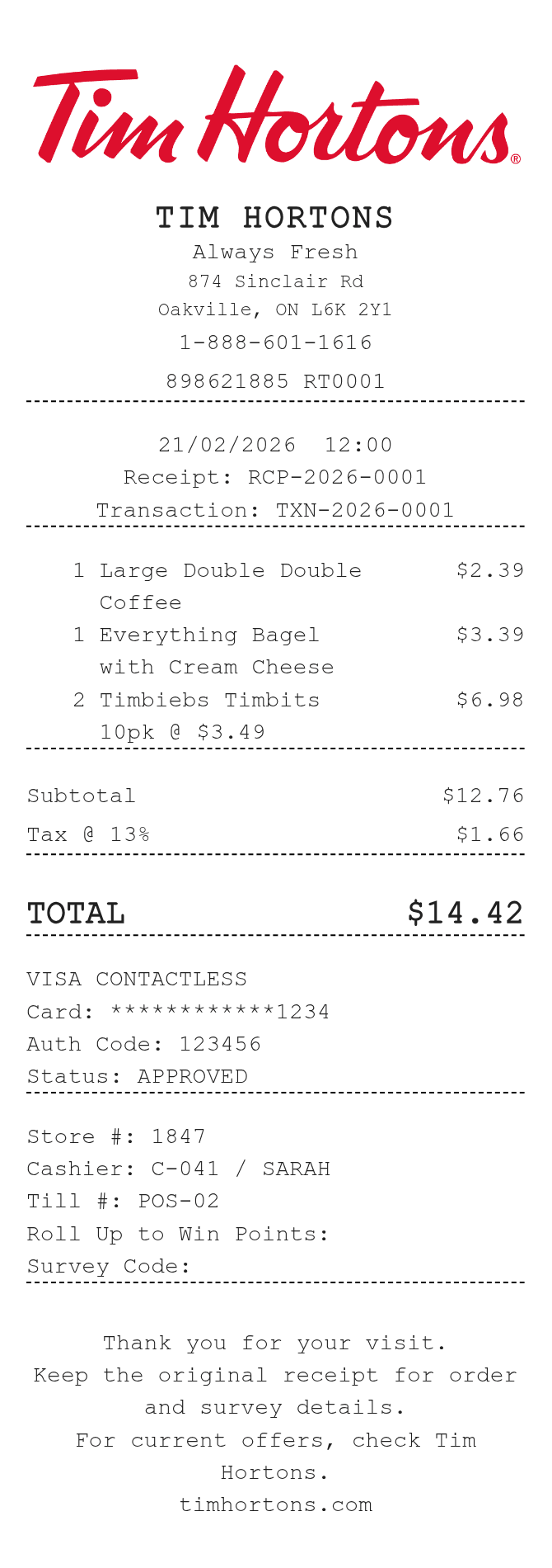 Tim Hortons Receipt — example receipt