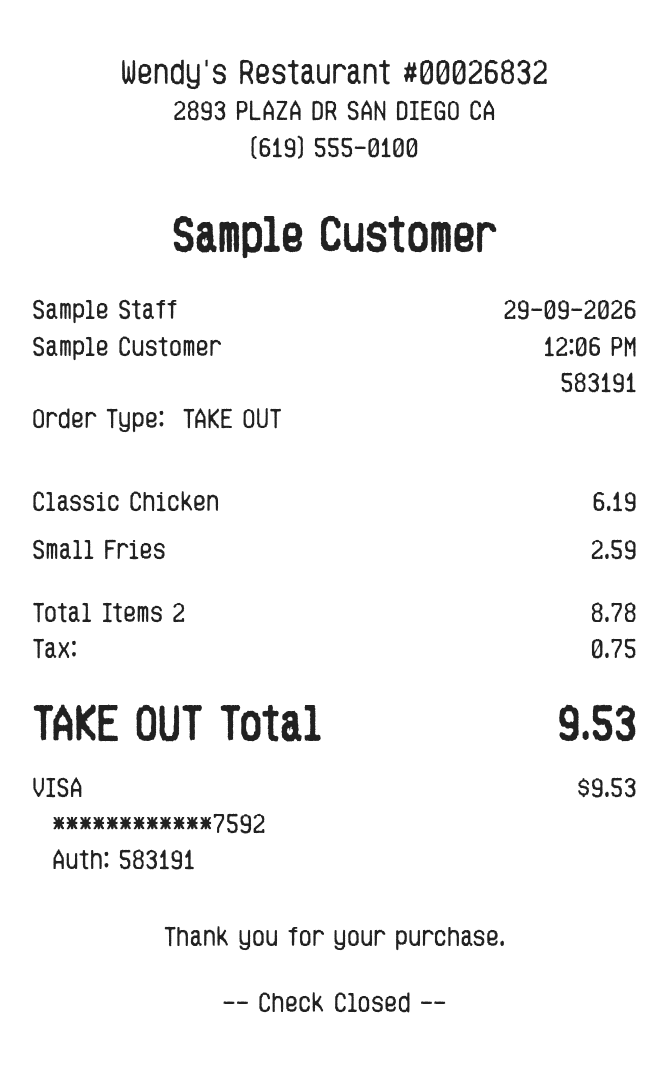 Wendy's Receipt — example receipt
