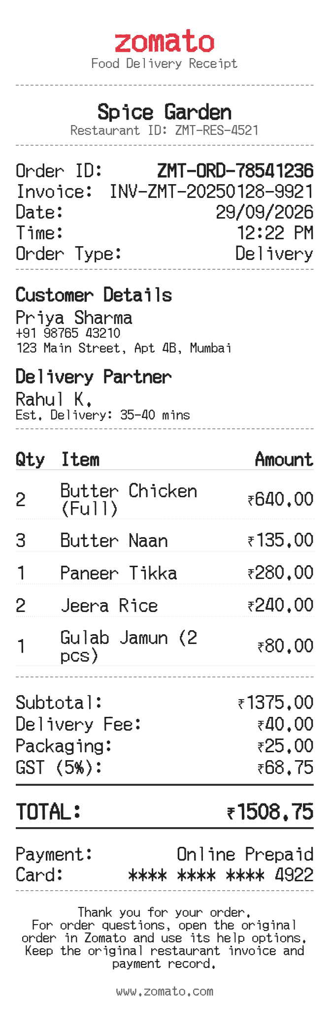 Zomato Receipt — example receipt