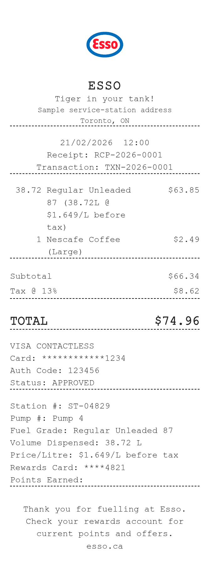 Esso Canada Receipt — example receipt