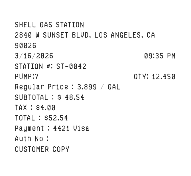 Gas receipt example with station, gallons, subtotal, tax, and total