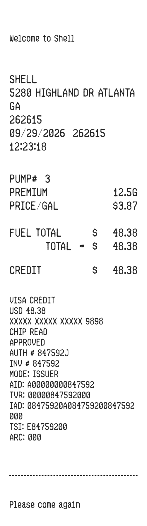 Shell Receipt — example receipt