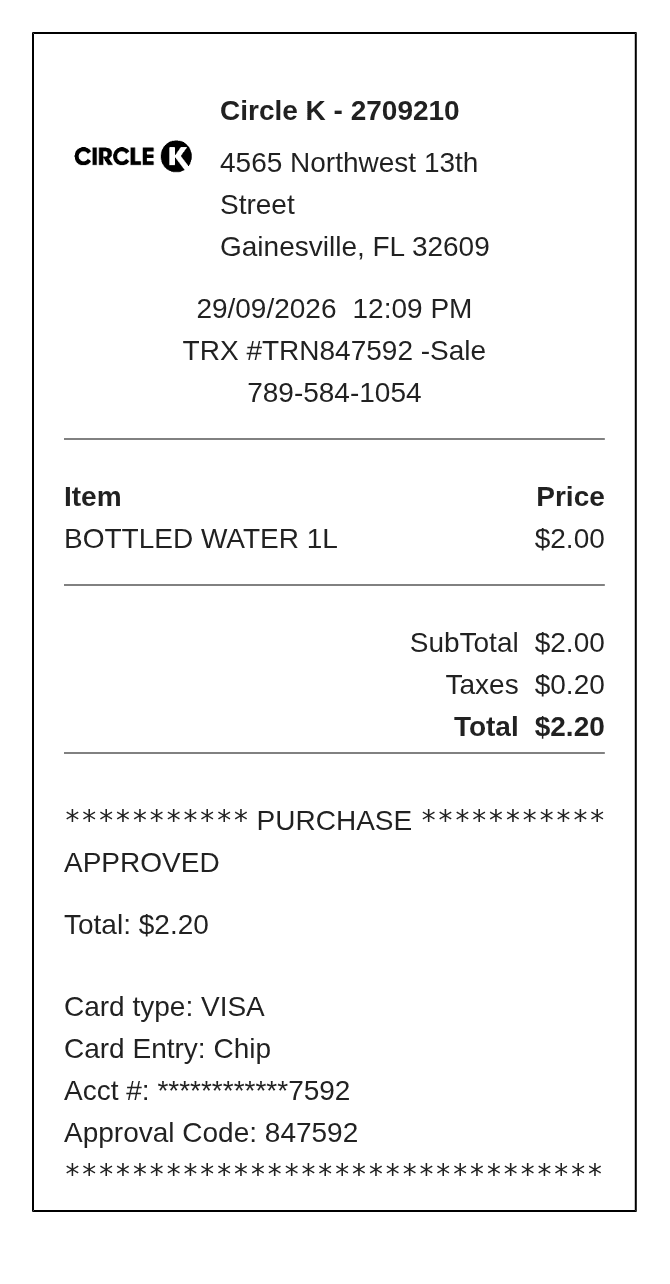 Circle k Receipt — example receipt