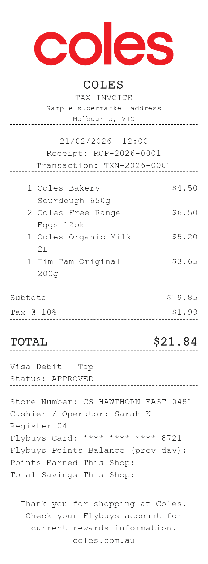 Coles Receipt — example receipt