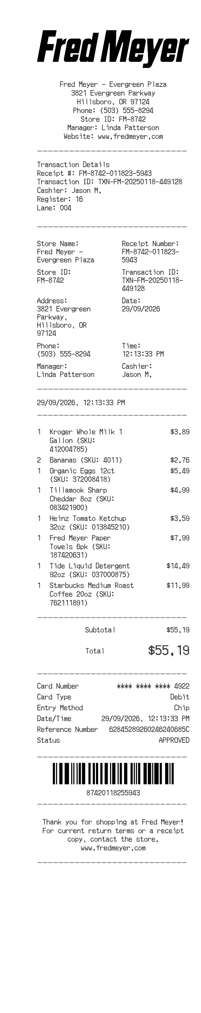 Fred Meyer Receipt — example receipt