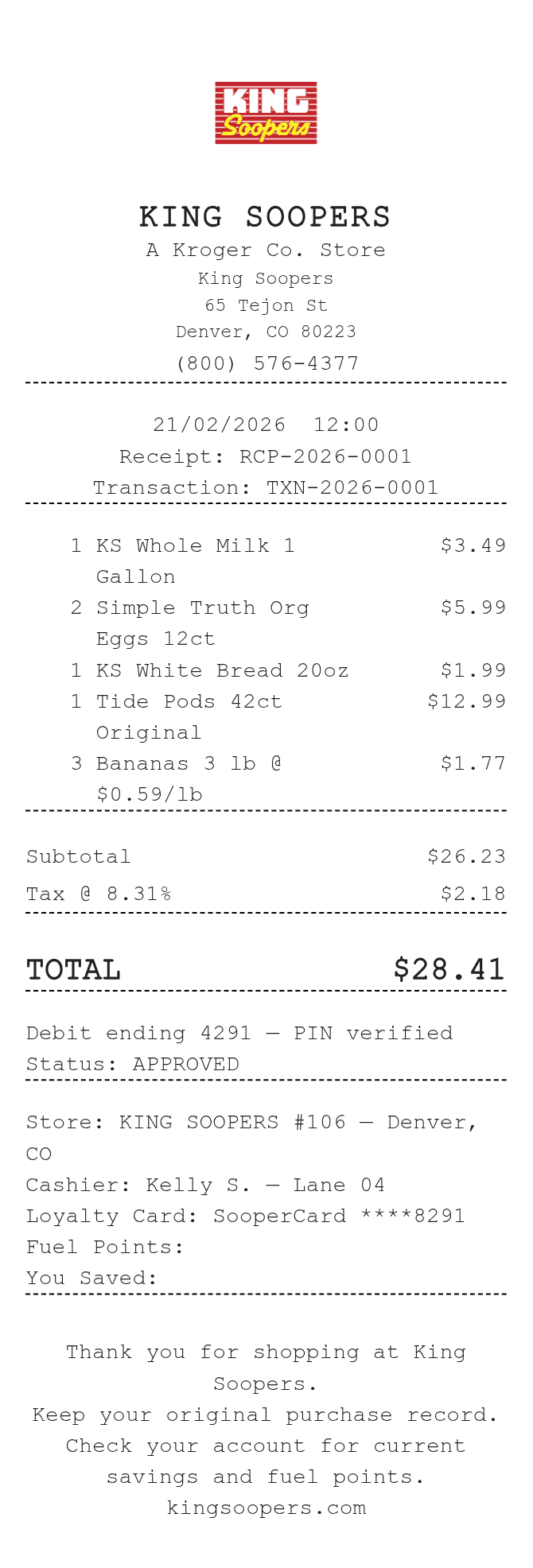 King Soopers Receipt — example receipt