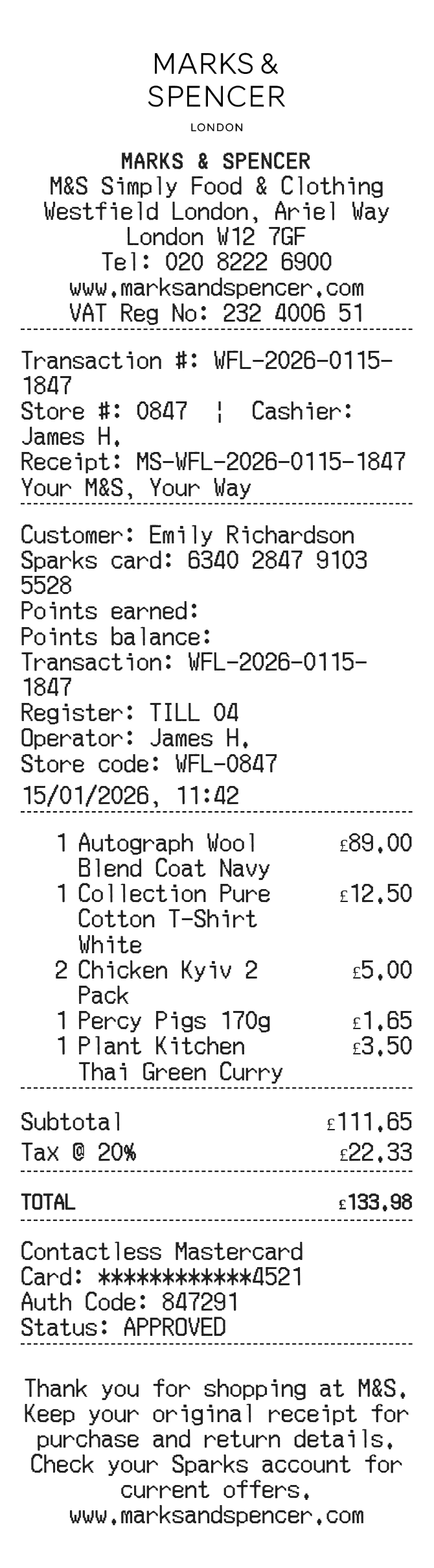 Marks & Spencer Receipt — example receipt