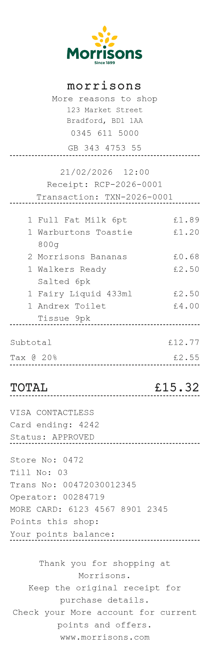 Morrisons Receipt — example receipt