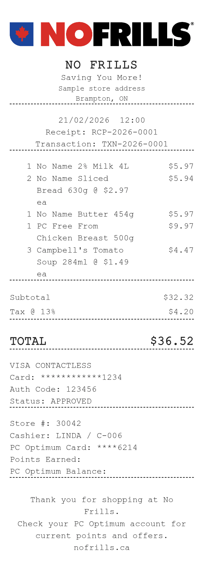 No Frills Canada Receipt — example receipt