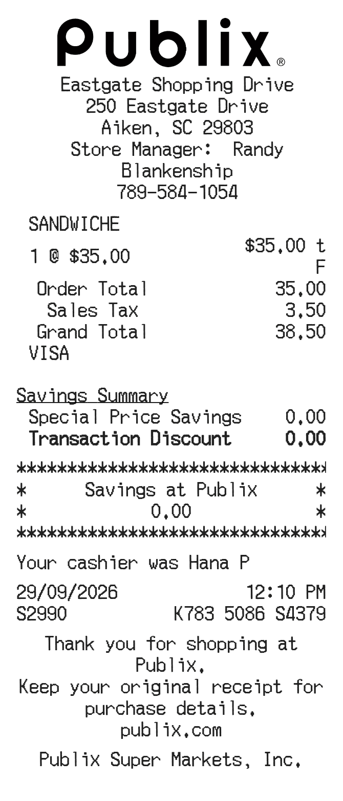 Publix Receipt — example receipt