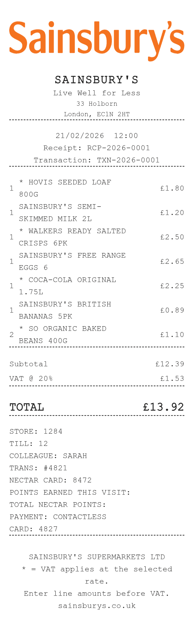 Sainsburys Receipt — example receipt