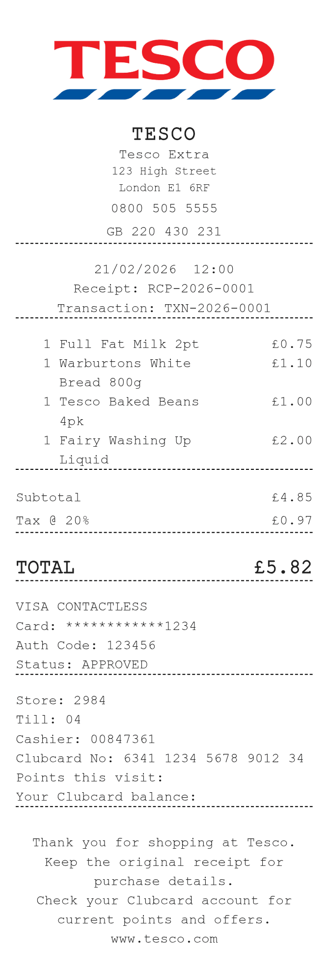Tesco Receipt — example receipt