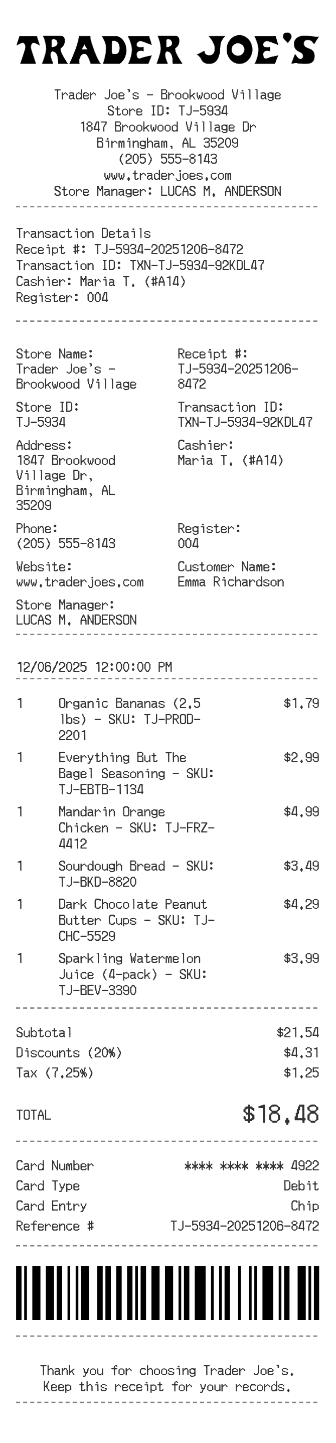 Trader Joe's Receipt — example receipt