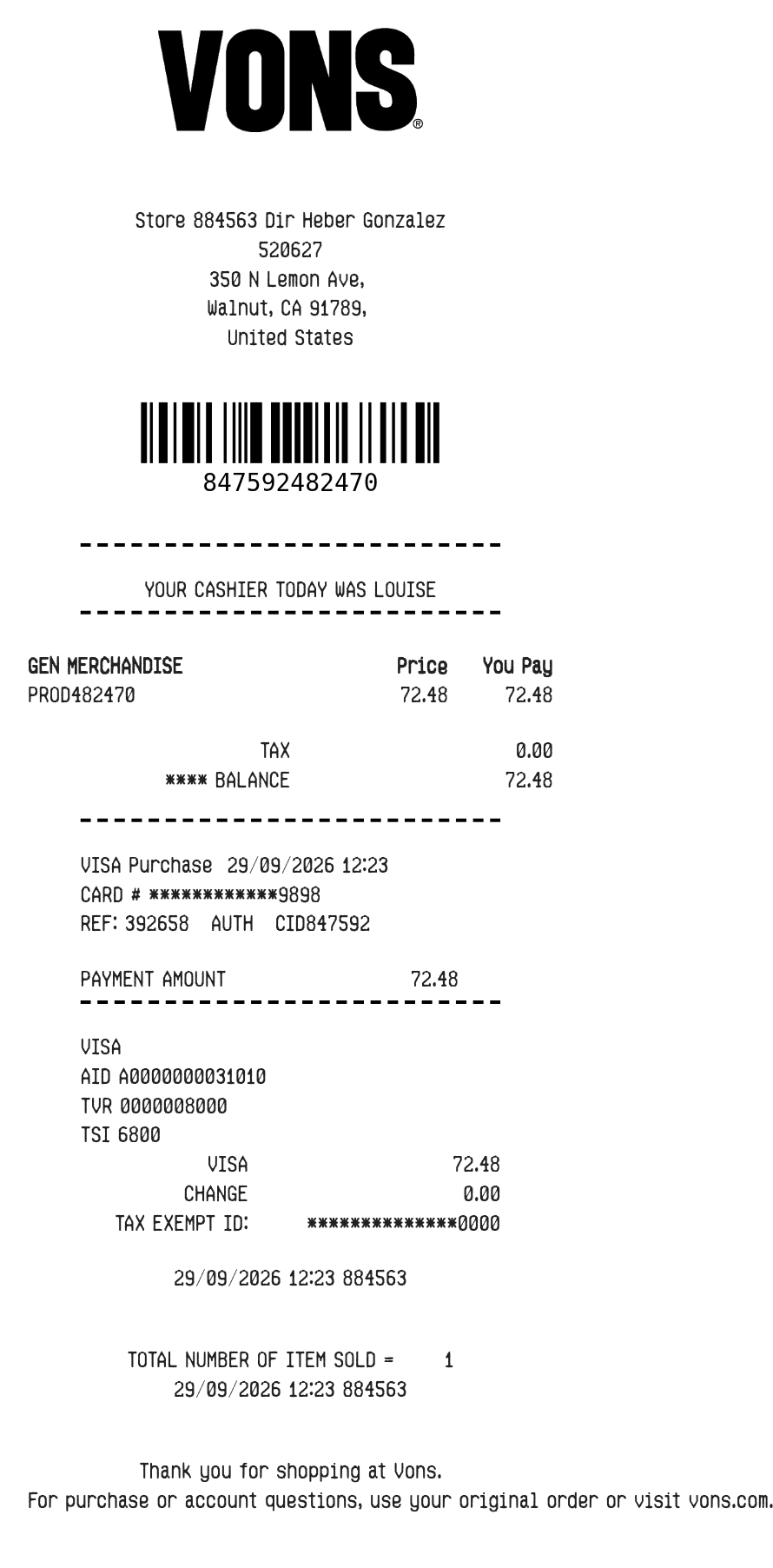 Vons Receipt — example receipt