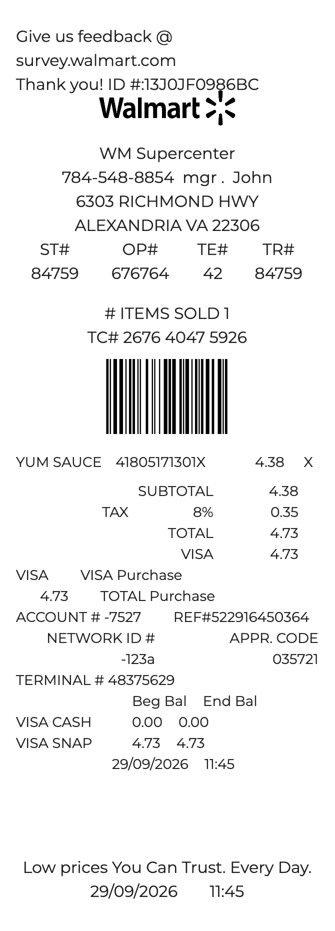 Walmart Receipt — example receipt