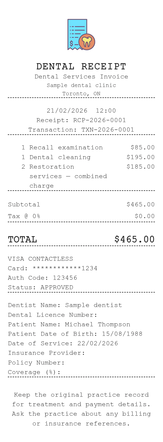 Dental Receipt — example receipt