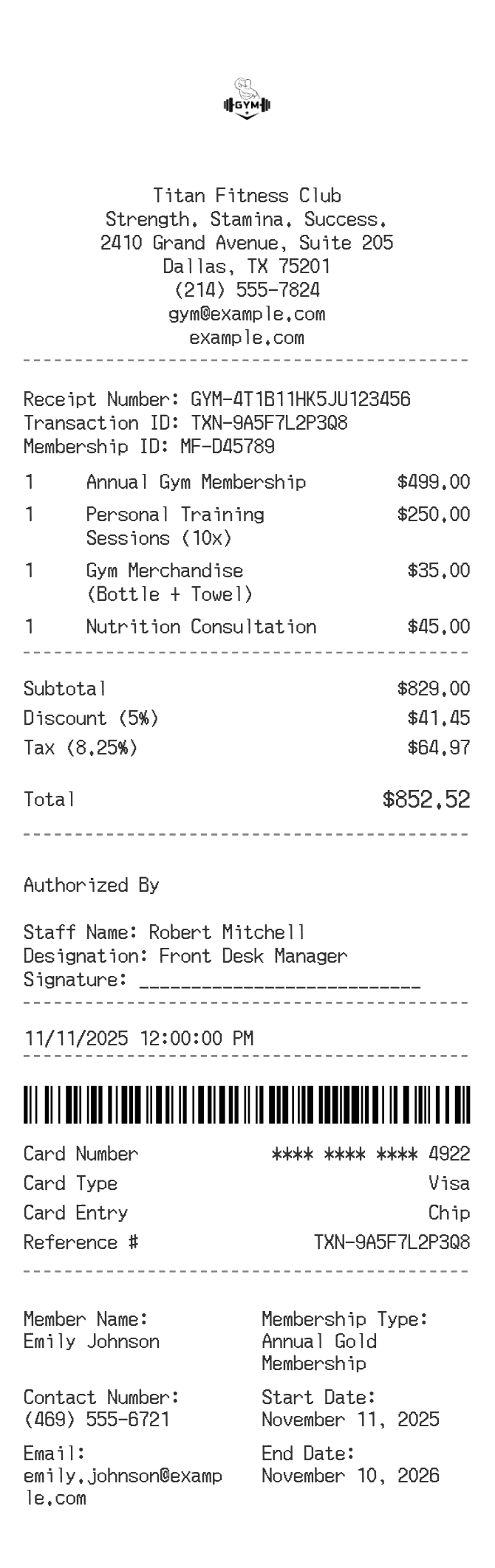 Gym Receipt — example receipt