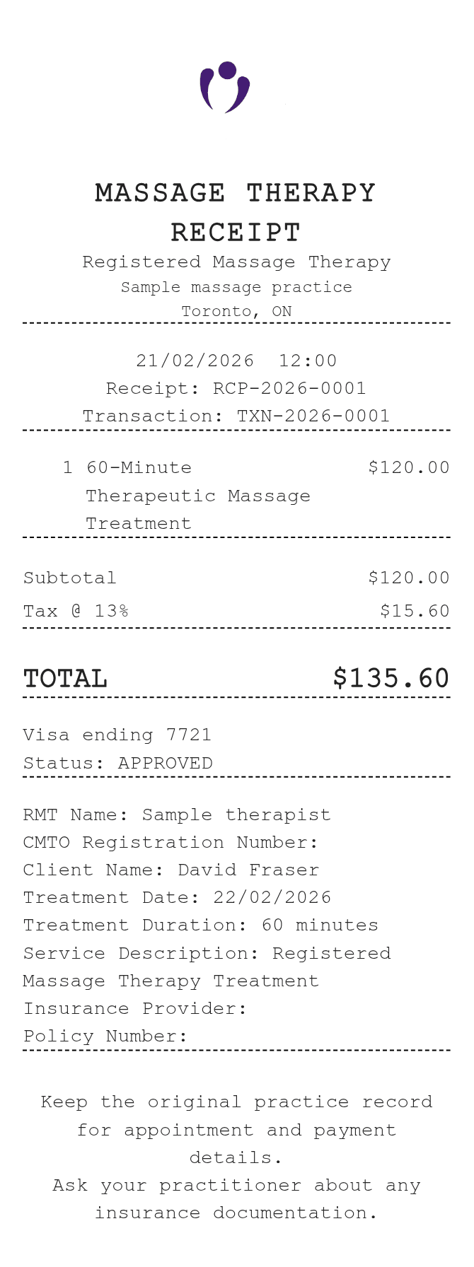 Massage Receipt — example receipt