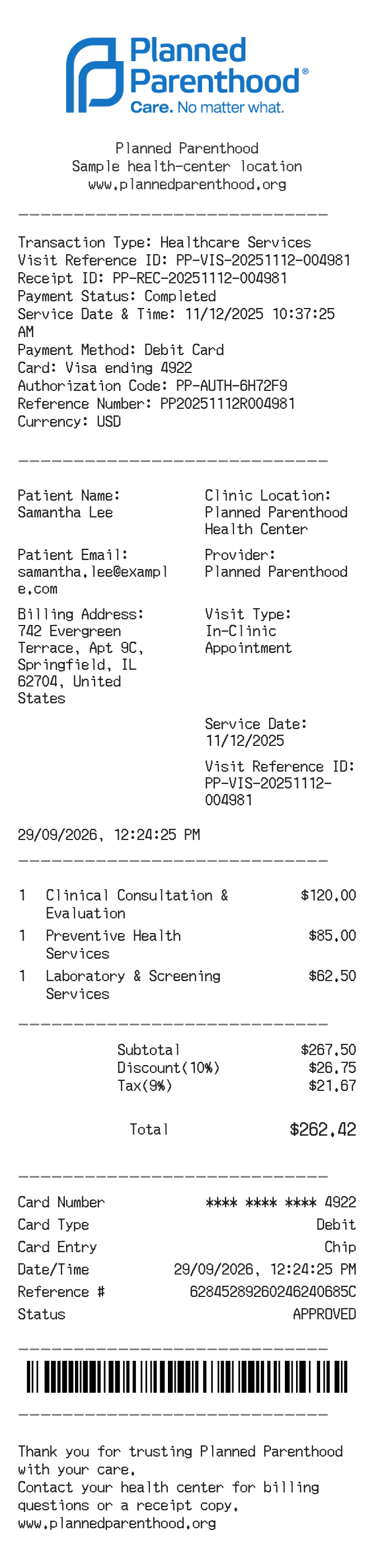 Planned Parenthood Receipt — example receipt