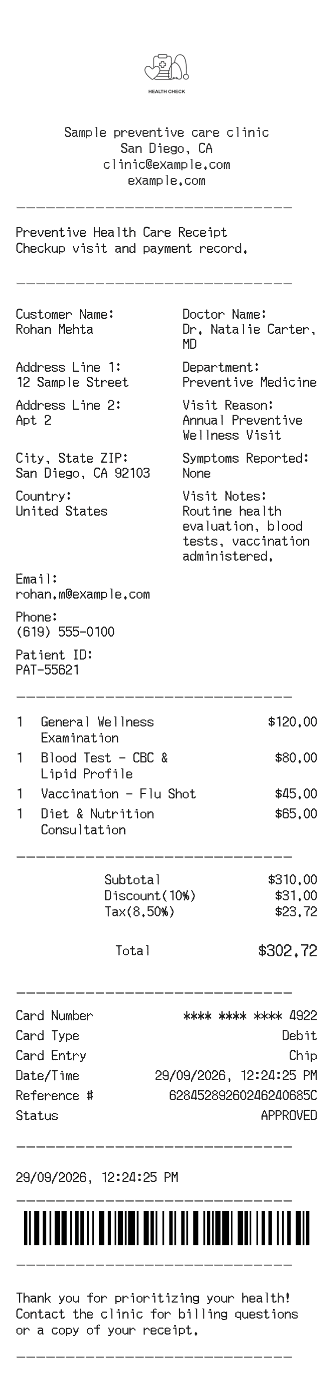 Preventive Health Checkup Receipt — example receipt