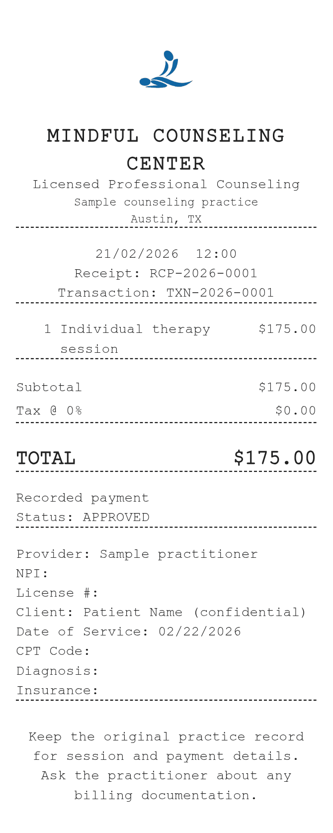 Therapy Receipt — example receipt