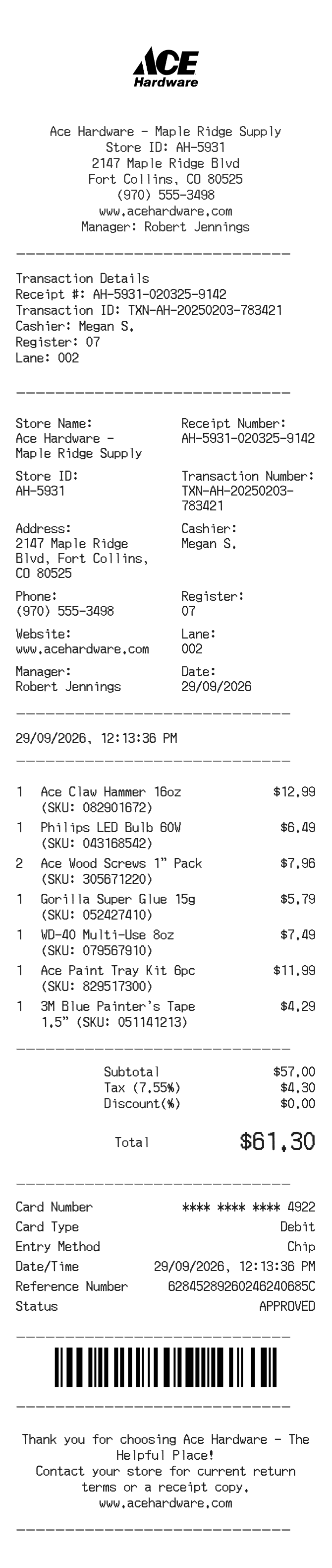 Ace Hardware Receipt — example receipt