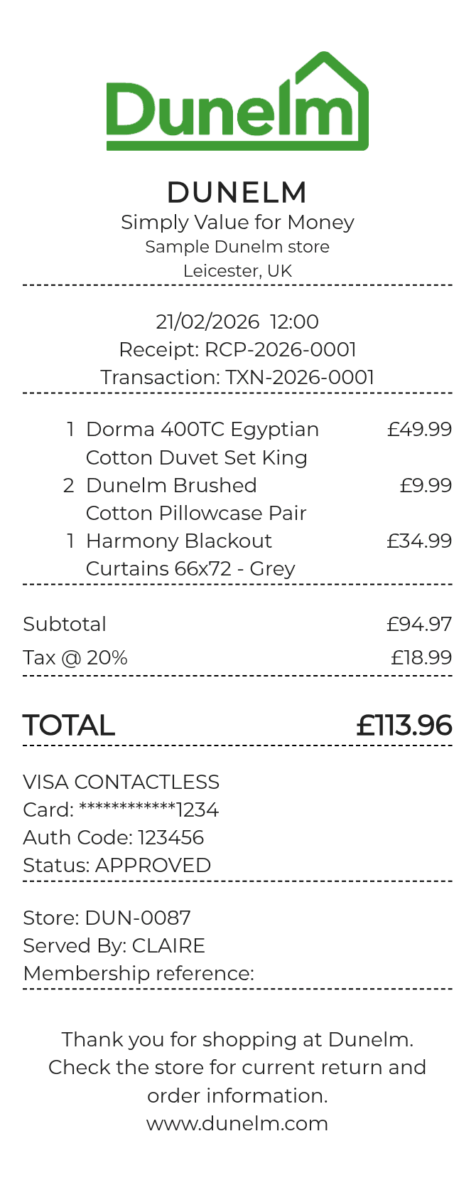 Dunelm Receipt — example receipt