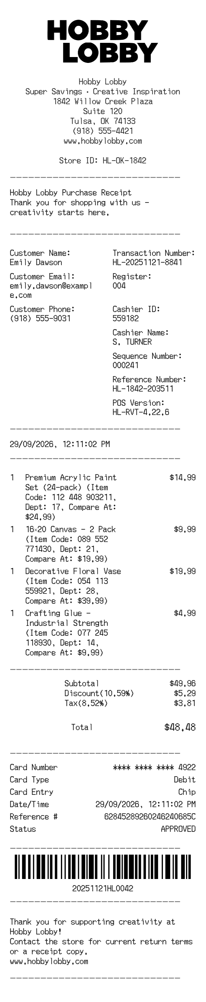 Hobby Lobby Receipt — example receipt