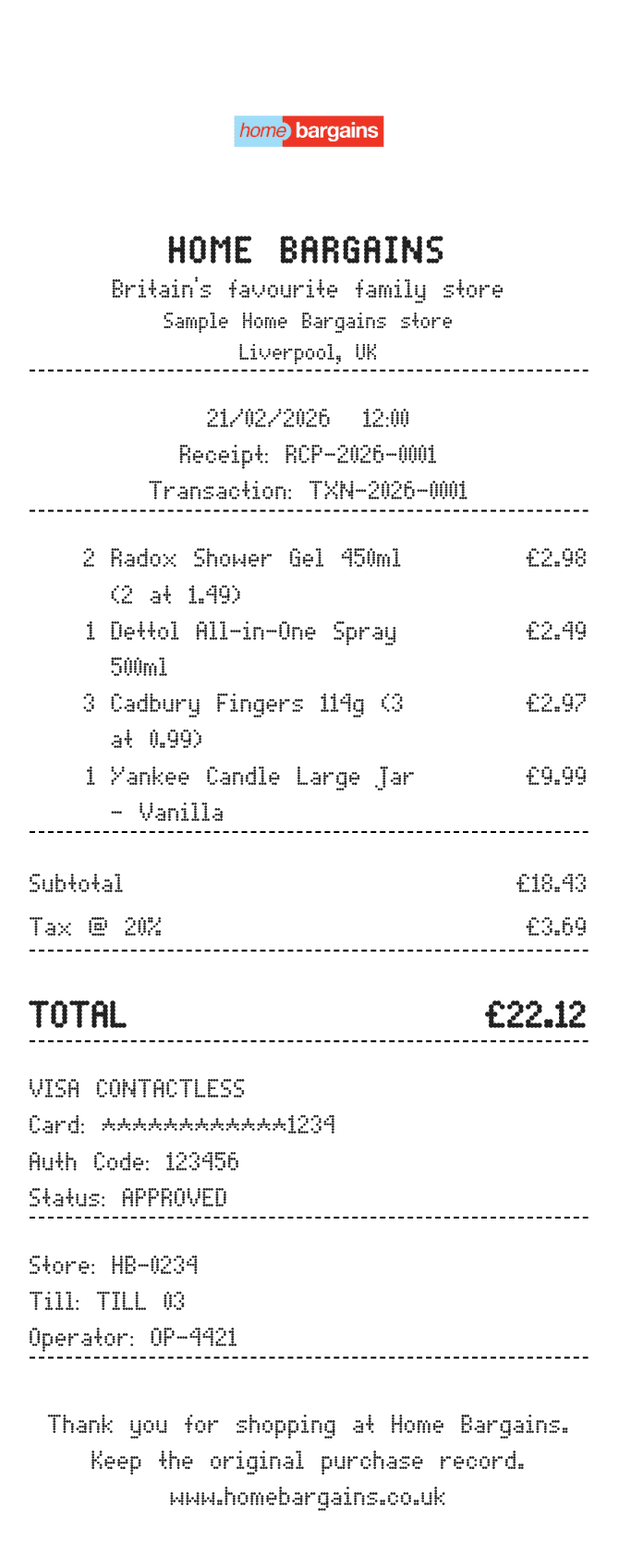 Home Bargains Receipt — example receipt