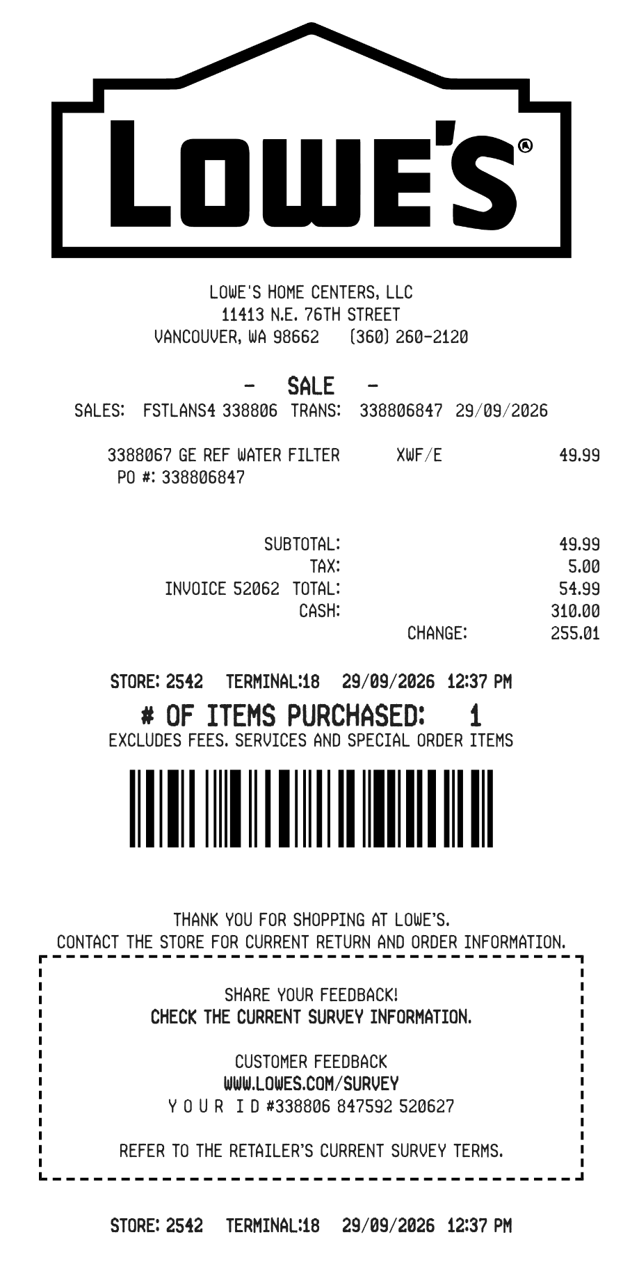 Lowes Receipt — example receipt