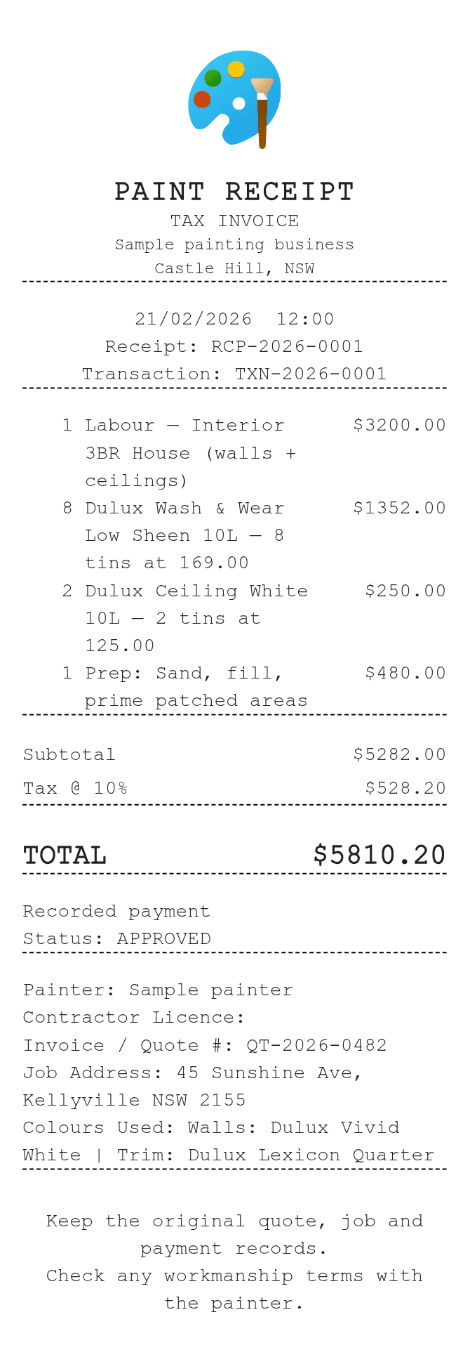 Paint Receipt — example receipt