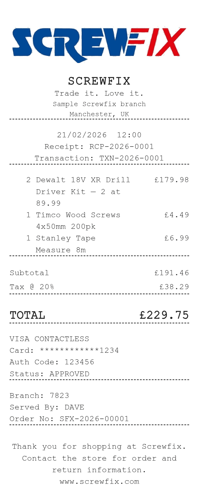 Screwfix Receipt — example receipt