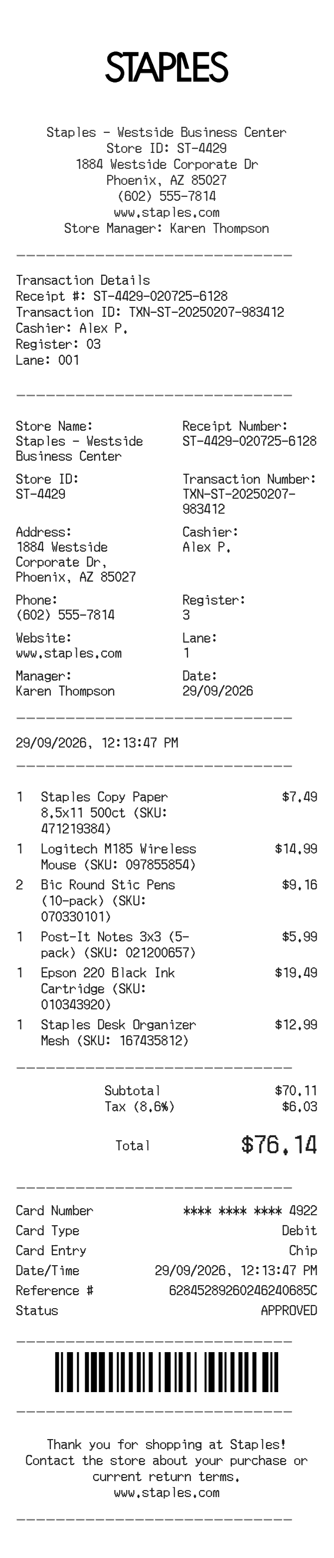 Staples Receipt — example receipt