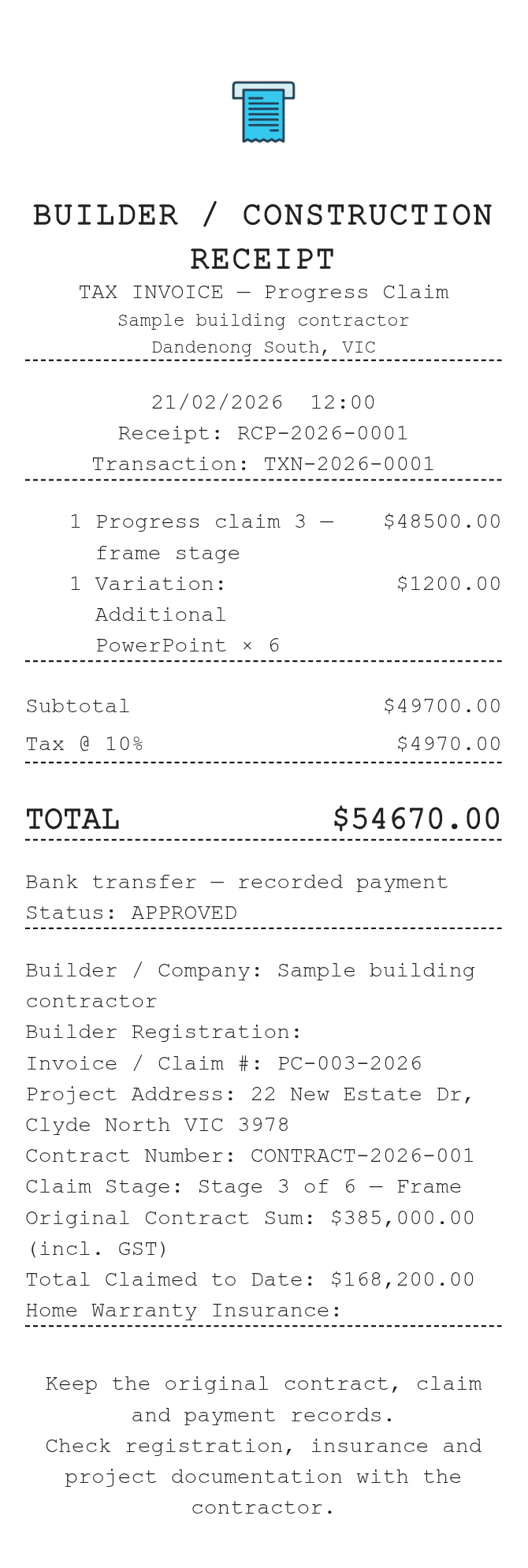 Builder Receipt — example receipt