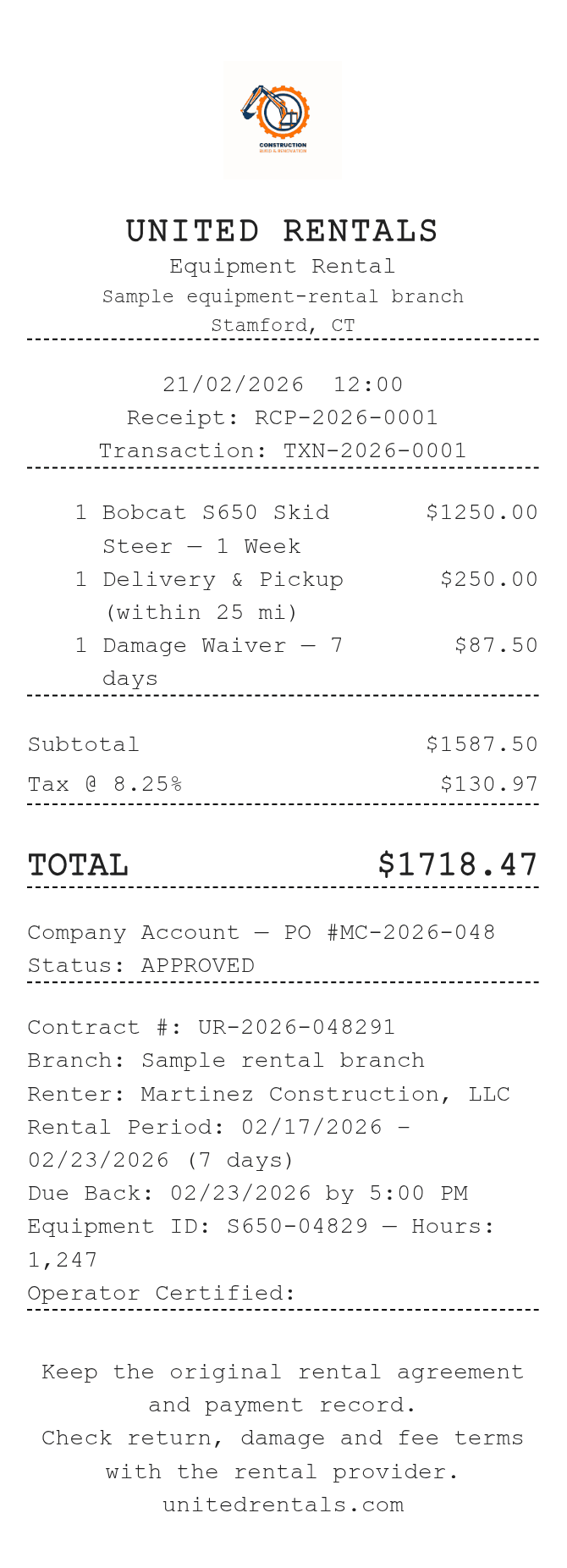 Equipment Rental Receipt — example receipt