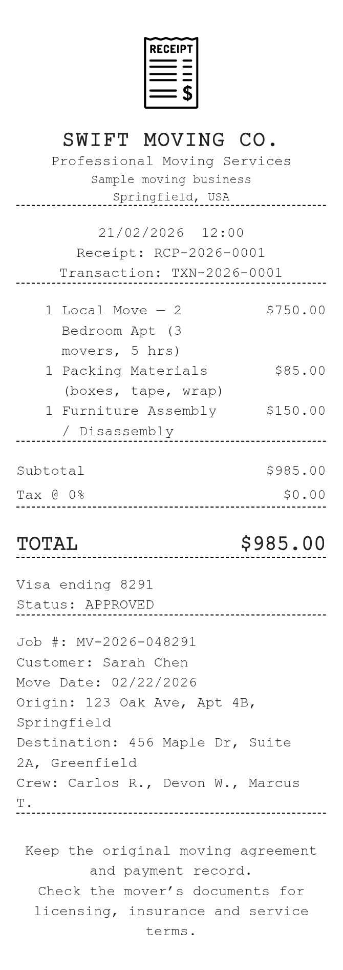 Moving Receipt — example receipt