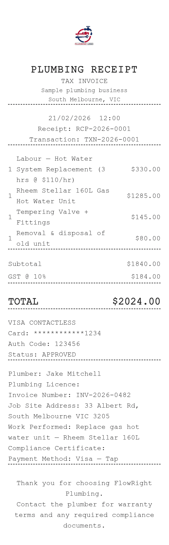 Plumbing Receipt — example receipt