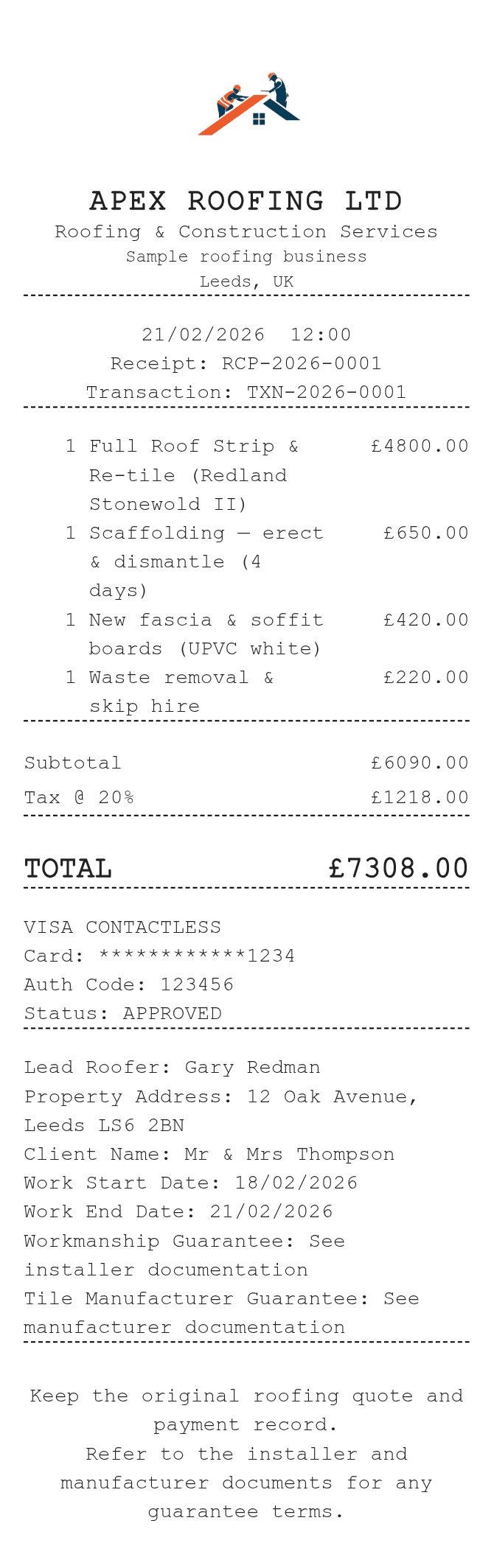 Roof Replacement Receipt — example receipt