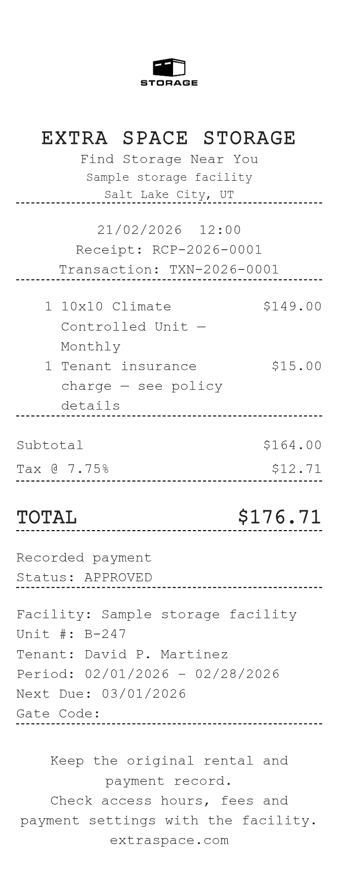 Storage Unit Receipt — example receipt