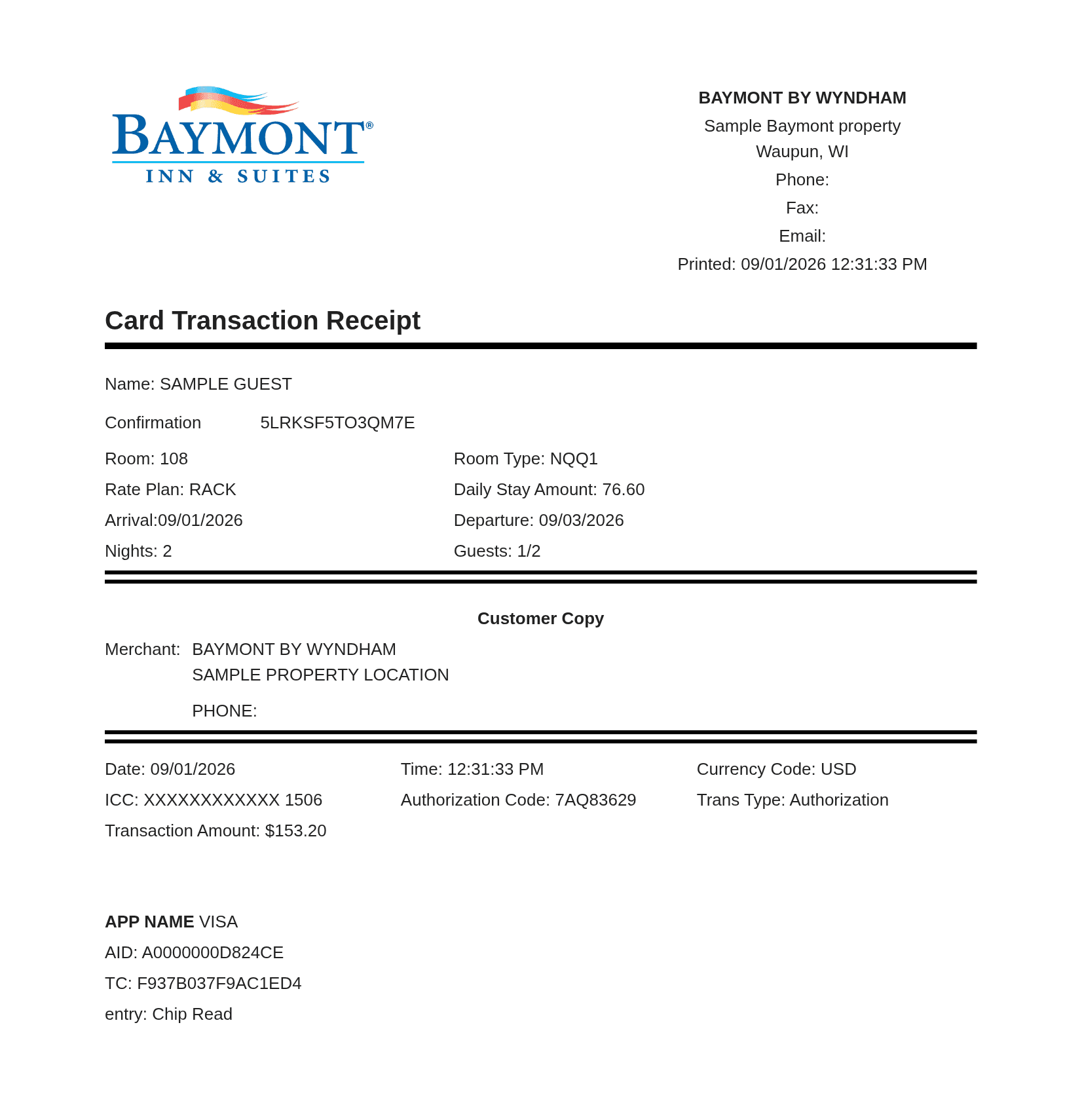 Baymont Hotel Receipt — example receipt