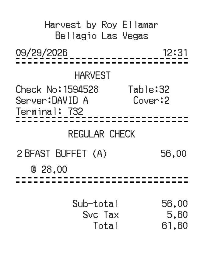 Bellagio Receipt — example receipt