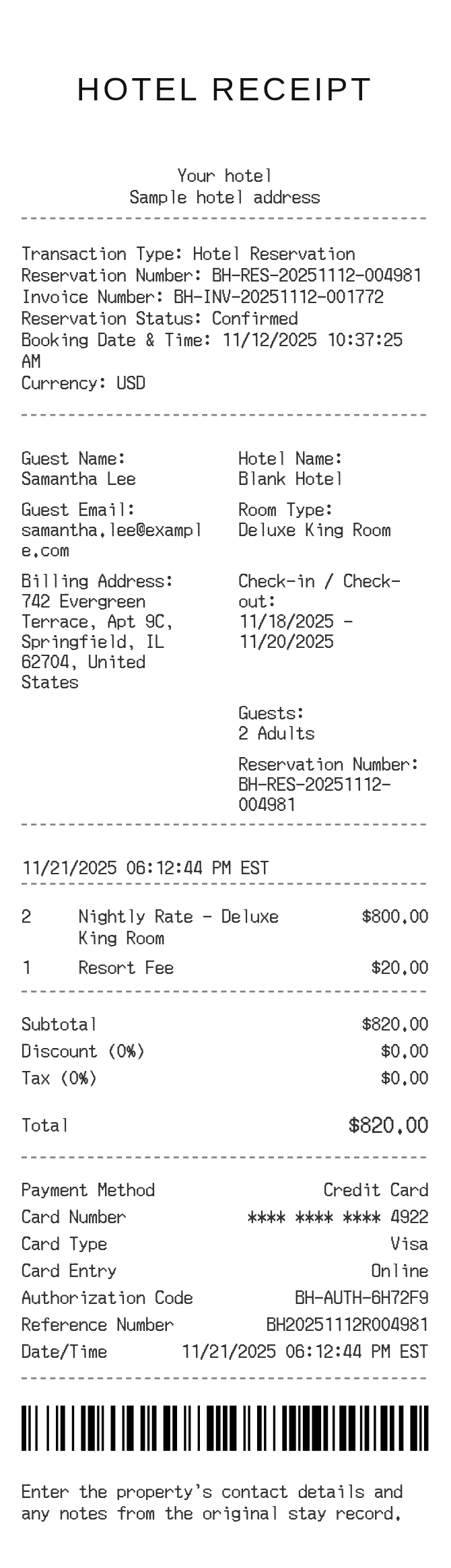 Blank Hotel Receipt — example receipt