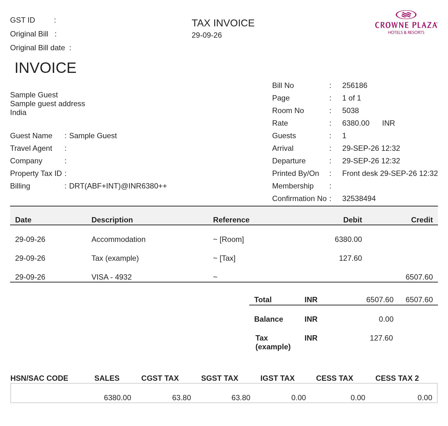 Crowne Plaza Receipt — example receipt