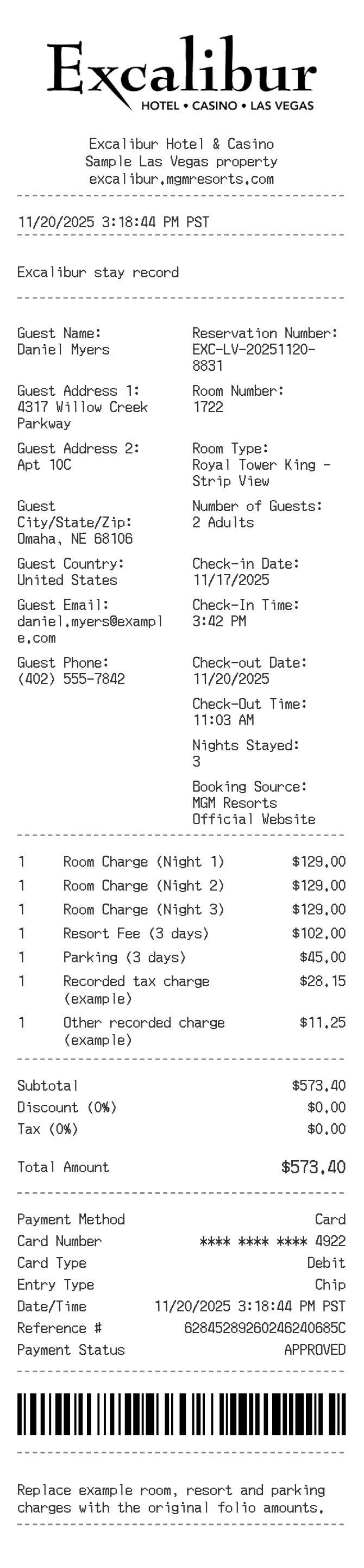 Excalibur Receipt — example receipt