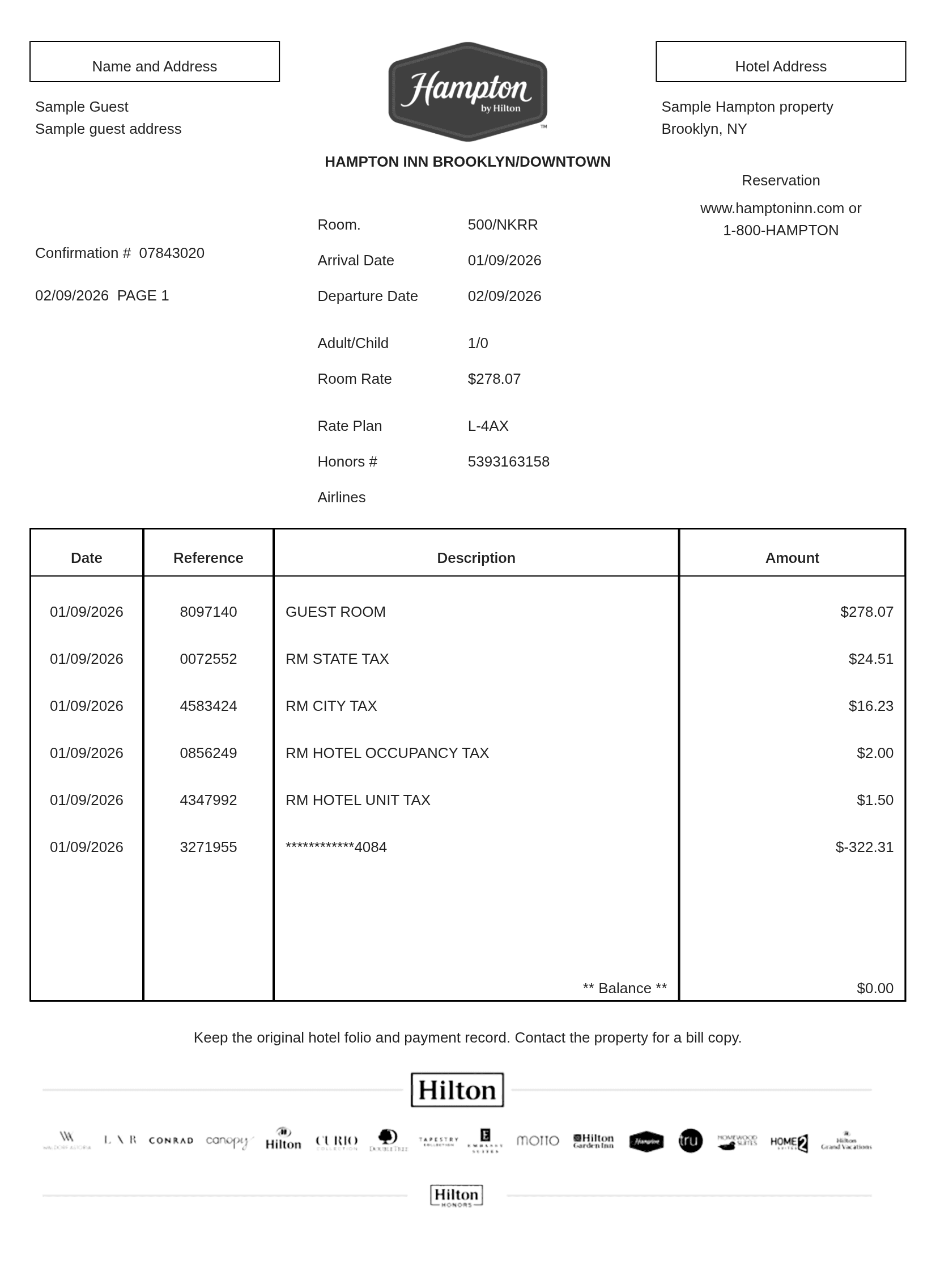 Hampton Inn Receipt — example receipt