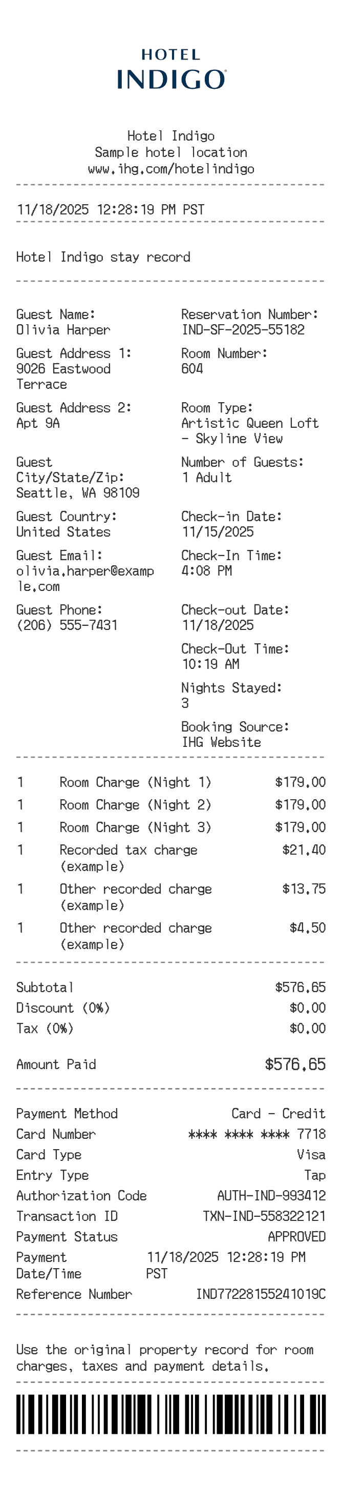 Hotel Indigo Receipt — example receipt