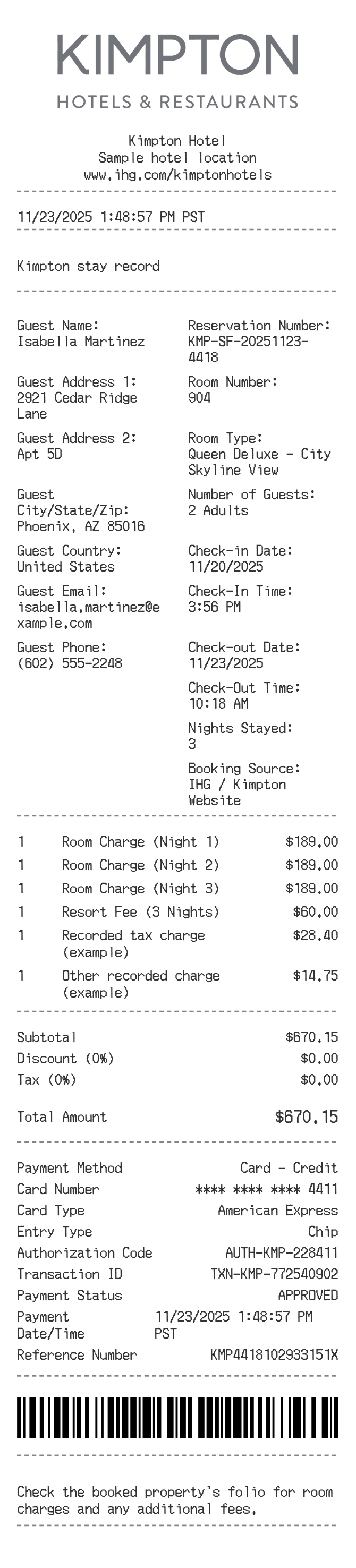 Kimpton Hotel Receipt — example receipt