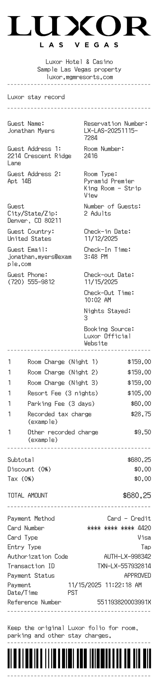 Luxor Receipt — example receipt